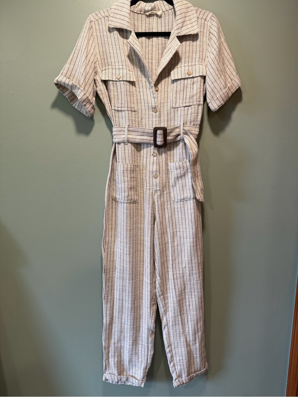 Roolee Beige & Cream Striped Short-Sleeve Utility Jumpsuit